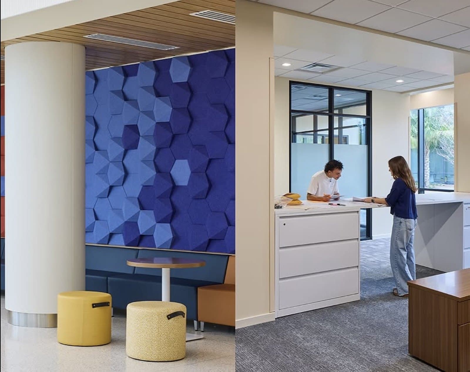 UF Honors Village — resident lounge and mail area with a sculpted acoustic wall